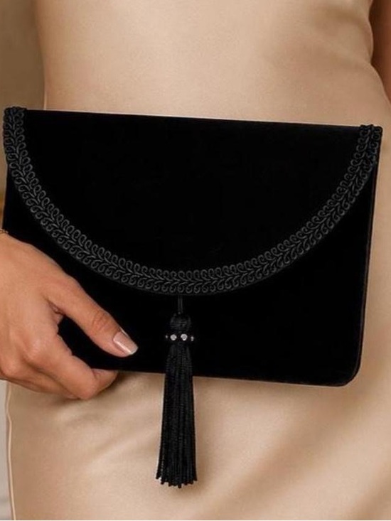 Handbags - Black Velvet Tassel Crossbody Bag